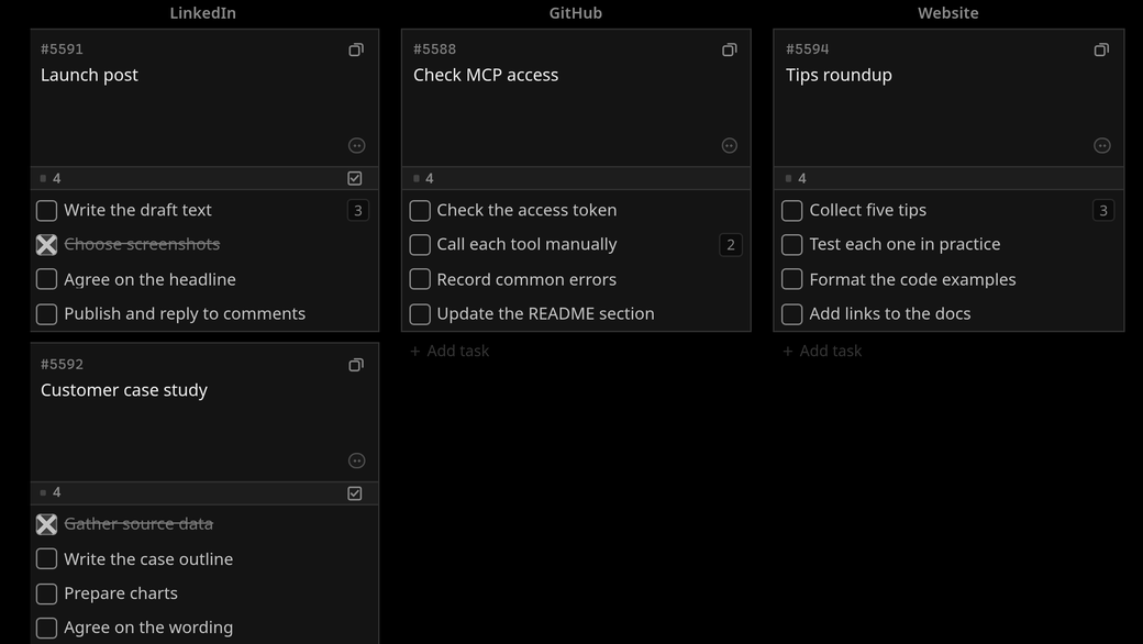 Korasaka project map: sections as columns of tasks with checklists