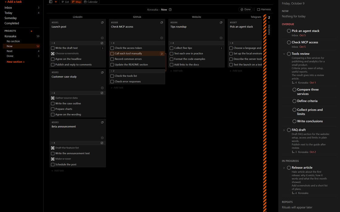 Korasaka project map with sections and tasks